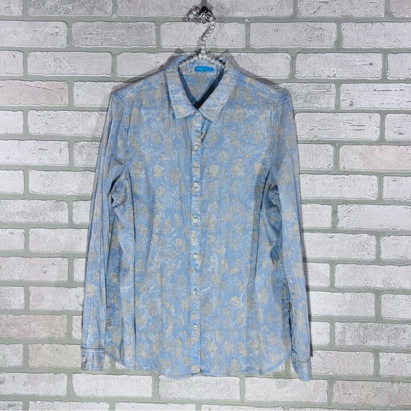J. McLaughlin Lois Long Sleeve Button Down Shirt in Blue Tan Print Size 12 - Picture 1 of 7